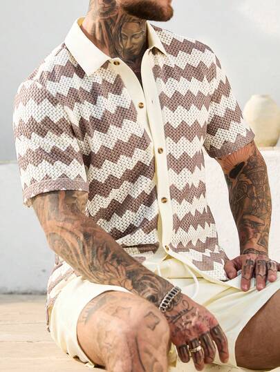 Manfinity CasualCool Men's Knitted Jacquard Contrast Stripe Short Sleeve Shirt And Solid Color Shorts Set