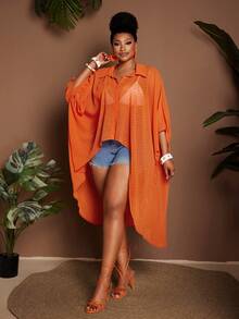 Maweii Plus Size Women's Solid Color Single-Breasted Casual Versatile Daily Wear Shirt - Orange - View 2
