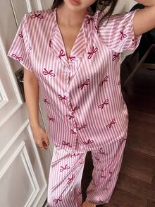 Napfluff Conjunto de pijama de mujer con cárdigan de manga corta a rayas de seda sintética con lazo rosa y pantalones - Rosa - Ver 6