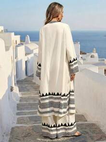 Breezaya Women's Bohemian Geometric Floral Print Cover-Up And Pants 2-Piece Set, Spring/Summer Boho Two-Piece Set Mediterranean Style Clothes Beach 2 Piece Set Greece Vacation Outfit - White - View 2