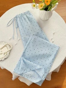 SHEIN Unity Women's Low-Waist Striped Cherry Print Casual Wide-Leg Pants, Collegiate Style, Cute And Sweet, Suitable For Vacation Summer Pants Linen For Women Striped Pants Blue Pants Drawstring Pants - Blue - View 4