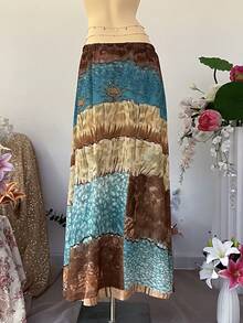 SuriyaCove Chân váy xòe rộng, cạp chun, kiểu dáng đi nghỉ mát biển dành cho nữ, họa tiết chắp vá. - Nhiều màu - Xem 2