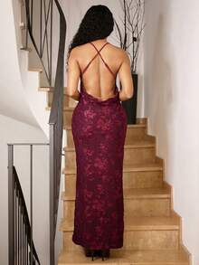 Yess Loren Fall New Style WomenWinter Gathering Party Glamour Elegant Banquet Modest Old Money Coquette Glitter Holiday Party Glamour Elegant Rave Festival Outing Vacation Hot Outdoor Richly Layered Wedding Season Banquet Coming Of Age Ceremony Floral 3D Velvet Spaghetti Strap Backless Metal Chain Decor Bodycon Mermaid Dress For Women Luxury Prom Christmas New Year,Dresses For Women Party - Red Violet - View 3