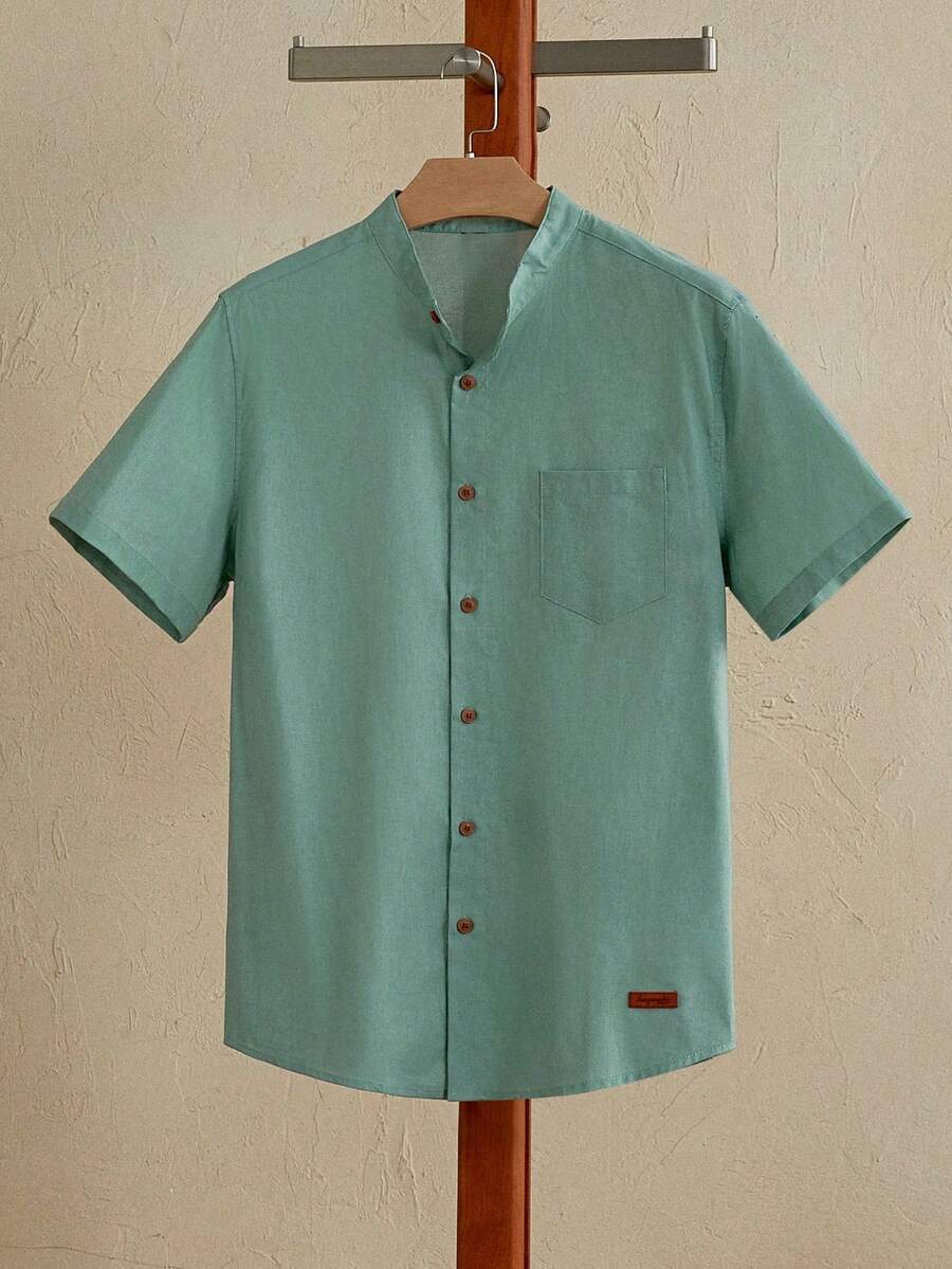 Manfinity VCAY Men Cotton Mock Neck Patch Detail Plain Casual Short Sleeve Shirt, For Husband - Mint Green - View 1