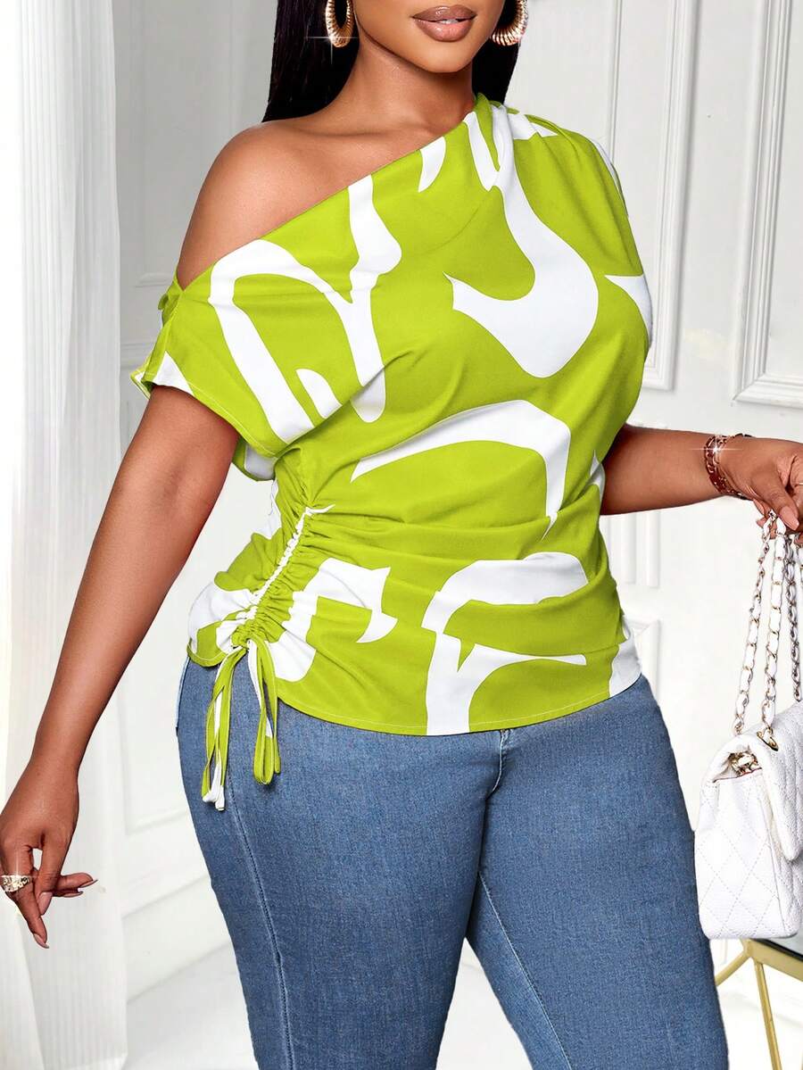 SOLERSUN Women's Plus Size Geometric Printed Asymmetrical Shoulder Drawstring Ruched Side Blouse, Random Print,One Shoulder Top - Olive Green - View 1
