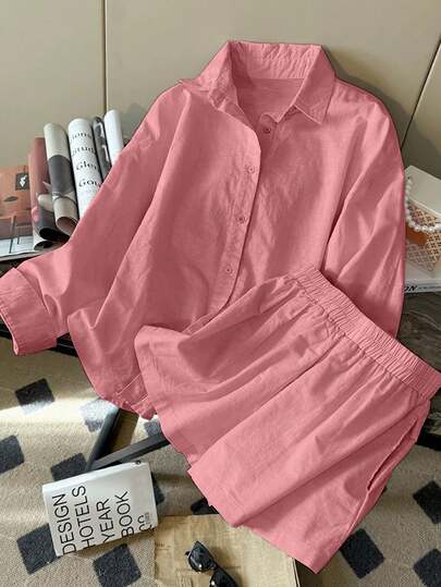 Resyla New Arrival Minimalist Fashion Linen Casual Loose Long Sleeve Shorts 2 Pieces Set For Women