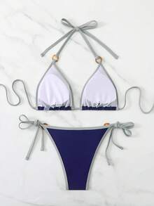 SHEIN Swim Basics 女士夏季沙滩修身露背系带性感比基尼和三角泳裤套装 - 彩色 - 查看 2