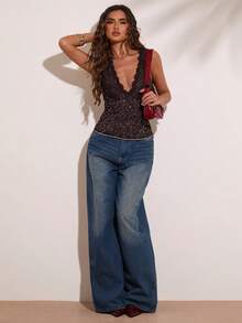 SHEIN BAE Áo hai dây ren màu nâu cổ chữ V không tay dành cho nữ, thích hợp cho kỳ nghỉ thường ngày, đi biển, hẹn hò lãng mạn, dự tiệc, hẹn hò cuối tuần, váy đi biển, áo ren, trang phục lễ hội âm nhạc, áo ren màu nâu, áo gợi cảm thanh lịch, áo tiện dụng. - màu nâu - Xem 3