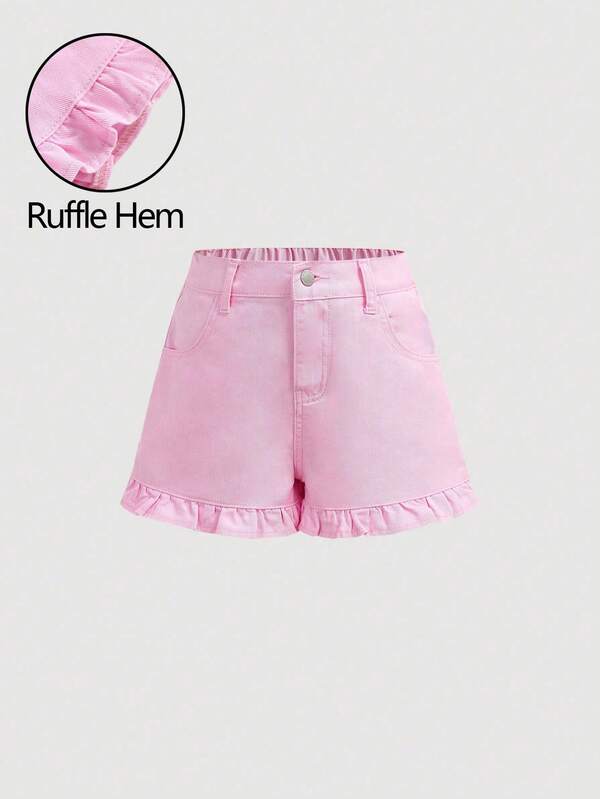 Girlism Tween Girl Casual Light Pink Bow Decor Cute Ruffle Hem Denim Wide Leg Jeans Long Short,Summer Boho Denim Short,Summer Boho Beach Concert Rave Festival,Tween Girl Summer Cute Shorts,Summer Holidays ,Spring ,Beach For Girl,Vacation Casual Girl, Valentine's Day