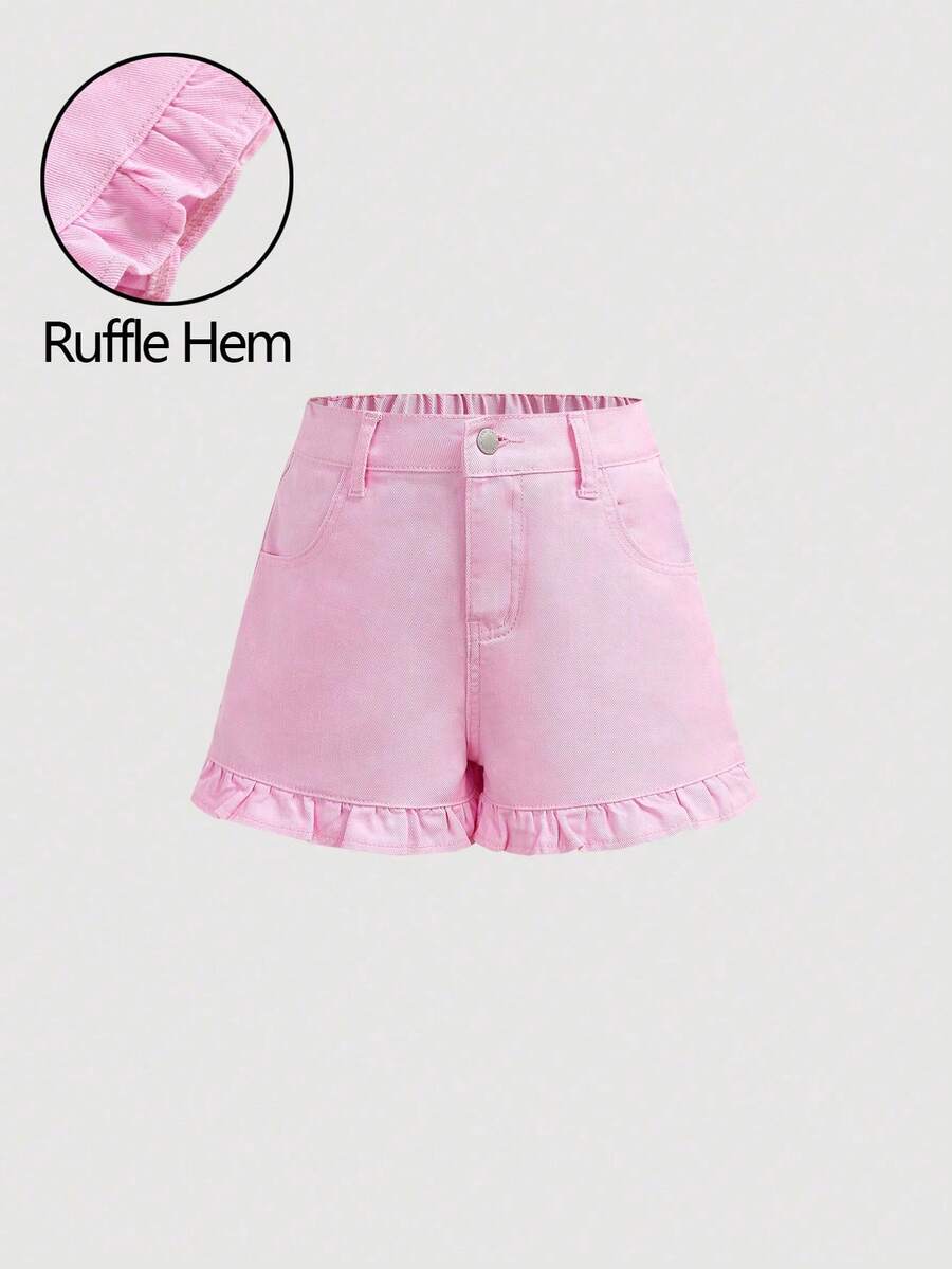 Girlism Tween Girls' Casual Pink Ruffle Hem Denim Shorts, Summer - Baby Pink - View 1