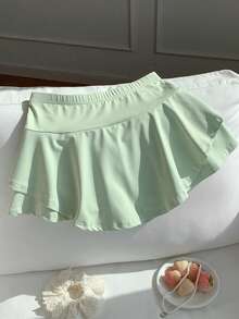 SHEIN EZwear Women's Mint Green Elastic Waist Ruffle Hem Skort - Mint Green - View 3