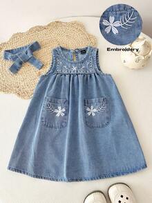 LMoss Kids 女婴花卉刺绣蓝色牛仔无袖宽松连衣裙，配发带 - 淺色水洗藍 - 查看 8