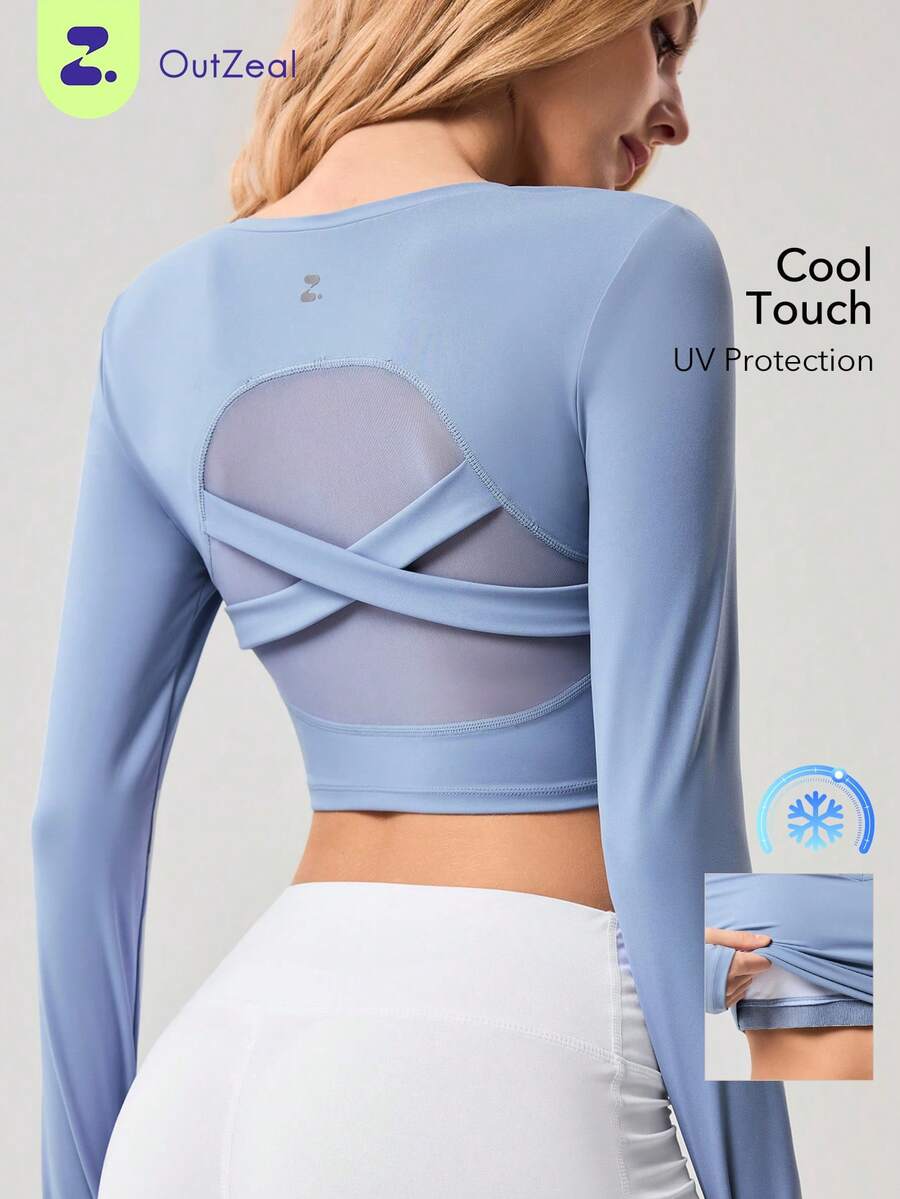 OutZeal Workout Tops Women Sports Tee Gym Yoga Pilates Cool Touch UV Protection Bra-In Back Mesh Cropped Tops - Blue - View 1