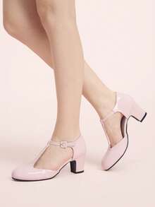 CUCCOO DOLLMOD 女士圆头粉色漆皮T字形玛丽珍鞋，学院风下午茶休闲粗跟高跟鞋 - 粉色 - 查看 5