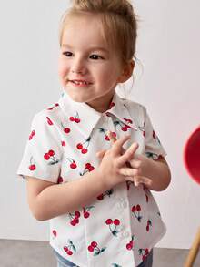 Maija Kids Young Girl Fruit Print Collared Short Sleeve Button-Up Shirt,Kids - White - View 3