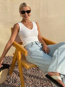 DAZY Women's Square Neck Fitted Ribbed Camisole Top, Summer Halter Top - White - View 3