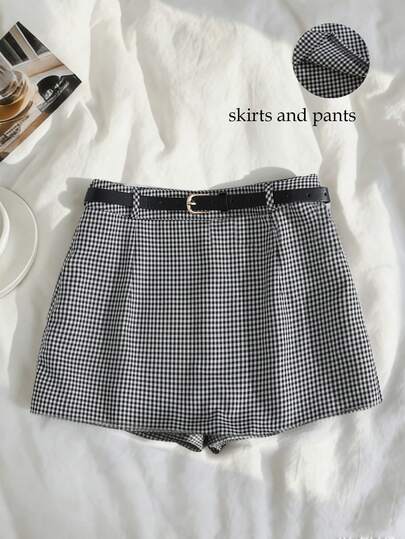 Franclia Women's Fashionable Casual Plaid Fabric Fitted Shorts With Belt, Suitable For Spring, Summer, Autumn And Winter
