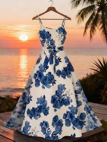 GlowEve 女士亚麻质感蓝白碎花印花吊带连衣裙 - 藍白色 - 查看 1