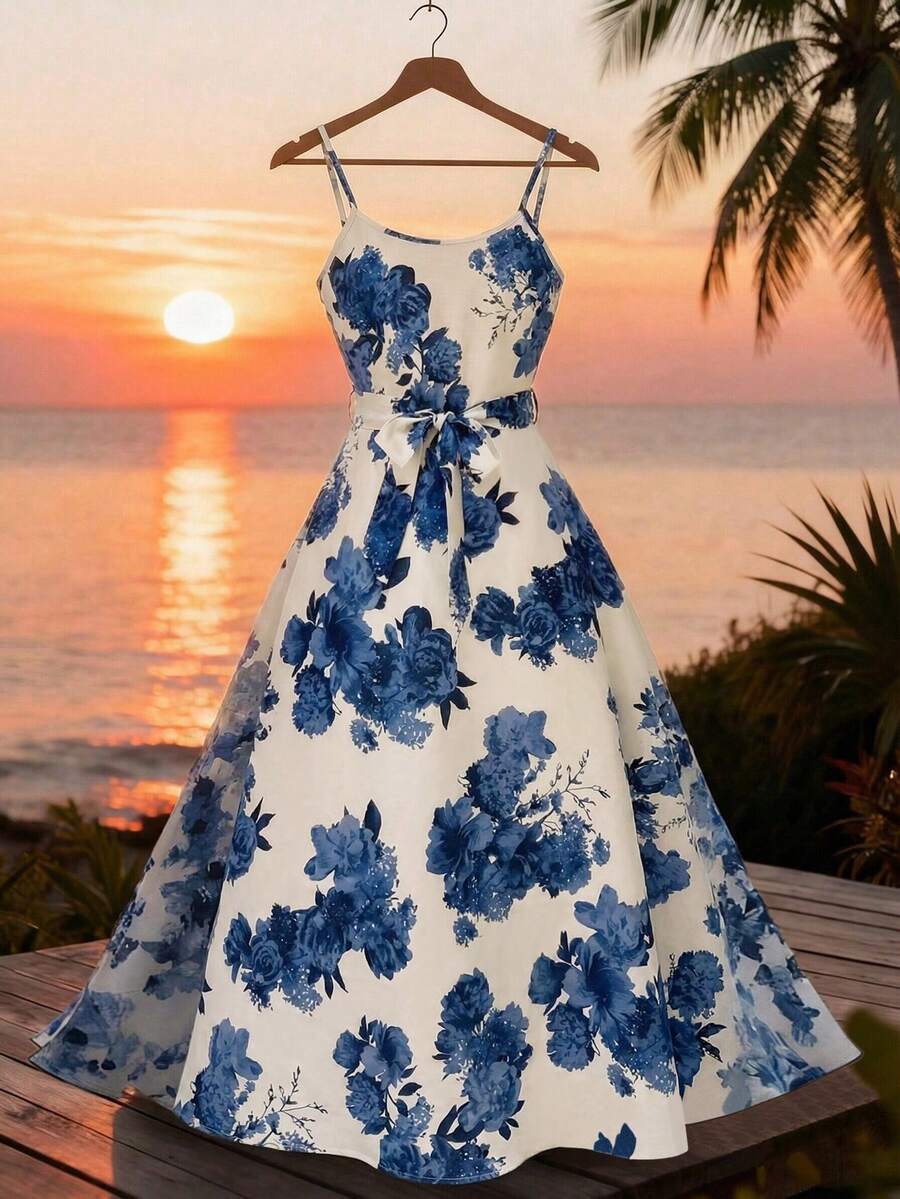 GlowEve 女士亚麻质感蓝白碎花印花吊带连衣裙 - 藍白色 - 查看 1