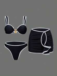 Swim Oasis 3 piezas Conjunto de bikini y falda de baño de unicolor con decoración de estrella de mar metálica, de estilo minimalista y elegante para el verano y las vacaciones en la playa - Blanco y Negro - Ver 1