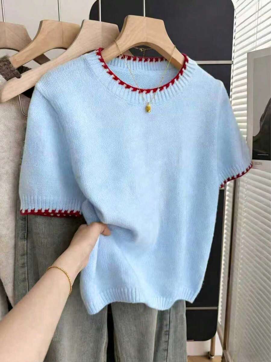 Franclia French Retro Round Neck Short Sleeve Light Blue Knit Top For Women,Elegant Colorblock Casual Autumn Brunch Baby Blue Loose Knitted Sweater Blouse - Baby Blue - View 1