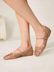 CUCCOO CHICEST 四季新款刺绣珍珠低帮方头平底鞋优雅时尚网面女式平底鞋软底芭蕾舞鞋优雅通勤玛丽珍鞋 - 棕色A - 查看 8