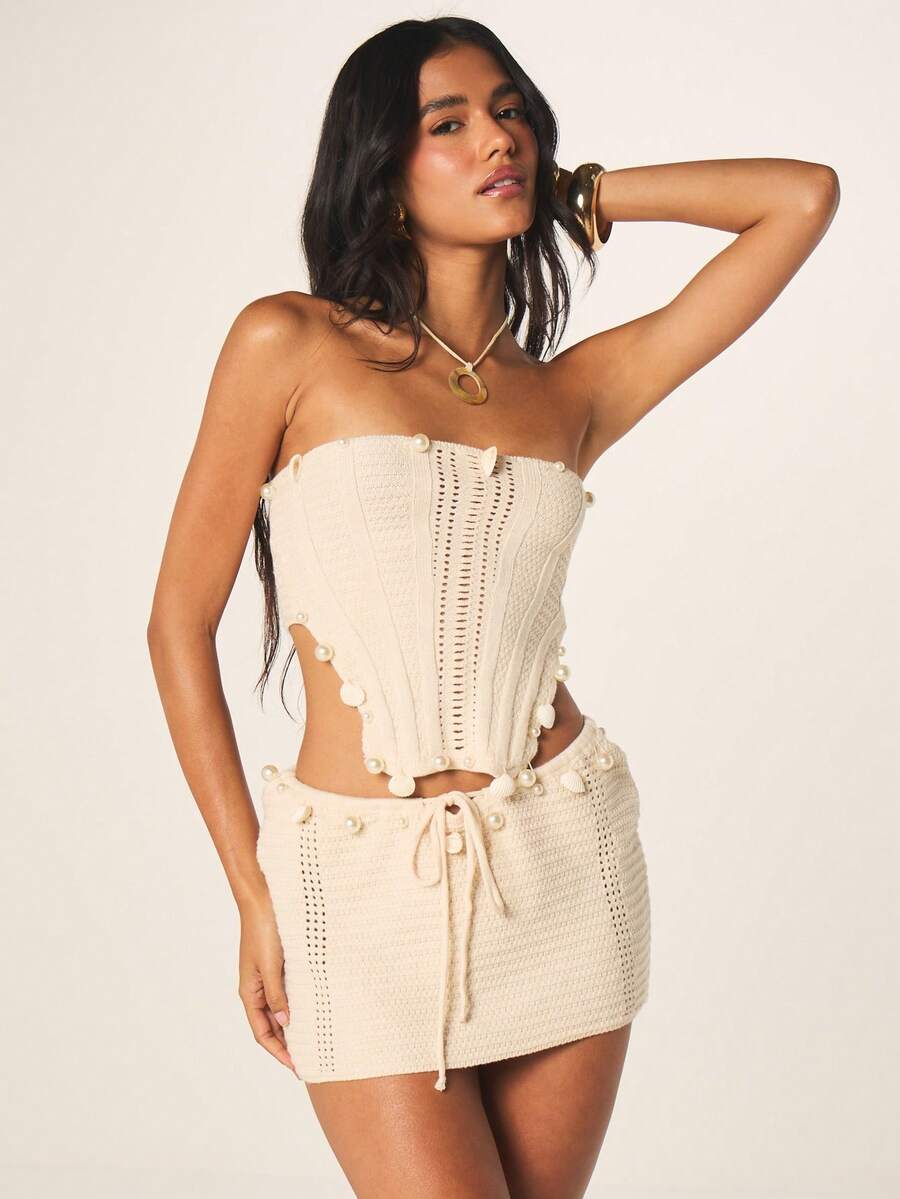 MISSGUIDED Strapless Crochet Tube Top With Pom Pom Detail And Lace Up Back Bohemian Summer Beach Festival Crop Top - Apricot - View 1