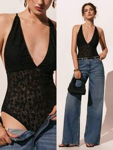 Poéselle Women's Deep V-Neck Contrast Lace Halter Bodysuit,Black Floral,Summer,Chic,Club,Valentine Outfits,Vacation Beach Outfit,Daily Office Wear,Spring - Black - View 1