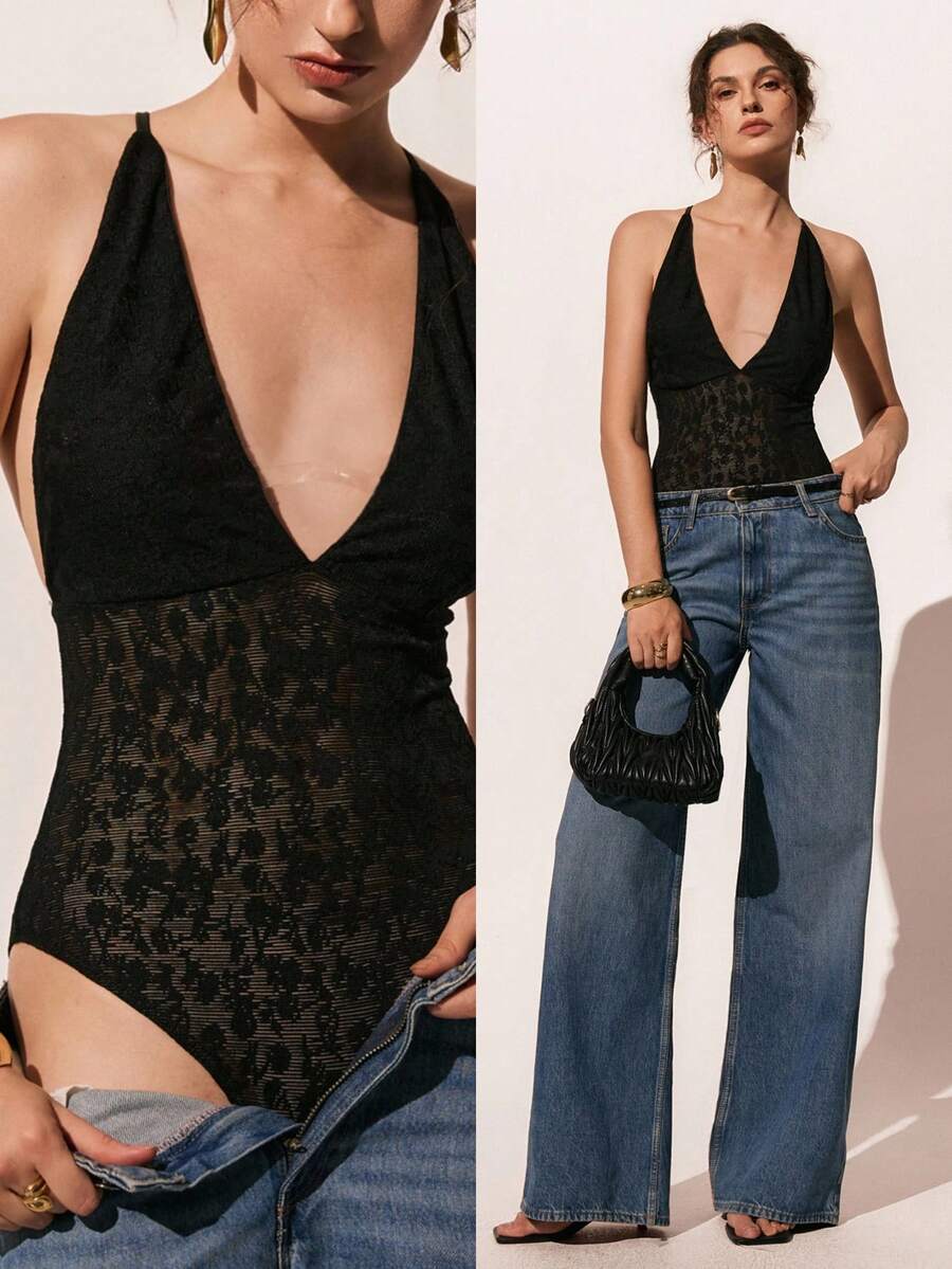 Poéselle Women's Deep V-Neck Contrast Lace Halter Bodysuit,Black Floral,Summer,Chic,Club,Valentine Outfits,Vacation Beach Outfit,Daily Office Wear,Spring - Black - View 1