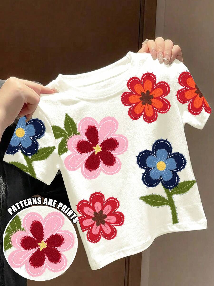 母女复古碎花牛仔印花亲子装，女宝宝休闲简约短袖圆领上衣，可爱夏季外出服，韩版风格，舒适时尚的儿童春夏休闲装 - 彩色 - 查看 1