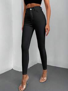 SHEIN Calça jeans skinny, cintura alta, tamanho grande, com elastano. - Preto - Ver 3