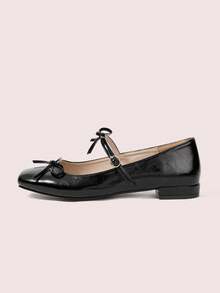 CUCCOO DOLLMOD Zapatos planos de estilo Mary Jane con punta cuadrada, lazo y correa de hebilla en el tobillo, en color negro, de estilo lindo y elegante para ir al trabajo - Negro - Ver 7