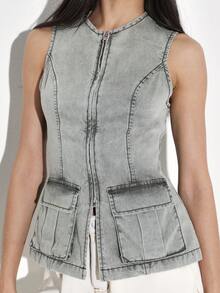 KSTM Áo khoác không tay denim màu xám bạc cho nữ, kiểu dáng cargo, có hai túi phía trước và khóa kéo toàn thân, thích hợp cho mùa thu xuân. - xanh quân đội - Xem 6