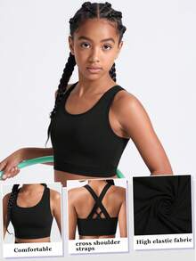 Teen Girls' Black Sports Tank Top,Autumn Winter Gym Wear With Crisscross Back Strap,High-Stretch Fabric For Jogging,Walking & Active Wear, Fall, Yoga - Black - View 1