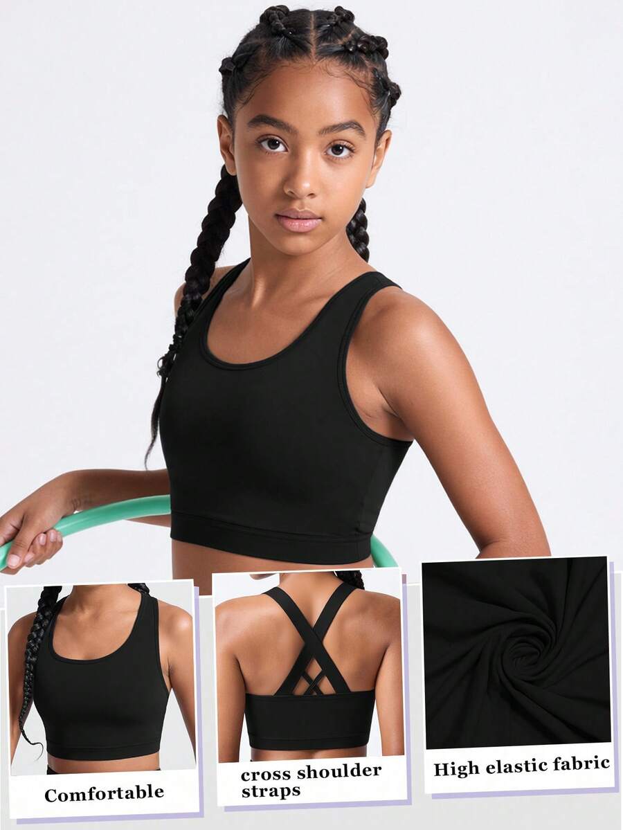 Teen Girls' Black Sports Tank Top,Autumn Winter Gym Wear With Crisscross Back Strap,High-Stretch Fabric For Jogging,Walking & Active Wear, Fall, Yoga - Black - View 1