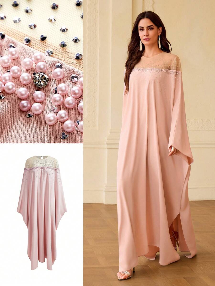 ZEYLAH 女士撞色网纱蝙蝠袖宽松优雅阿拉伯风连衣裙 - 粉色 - 查看 1