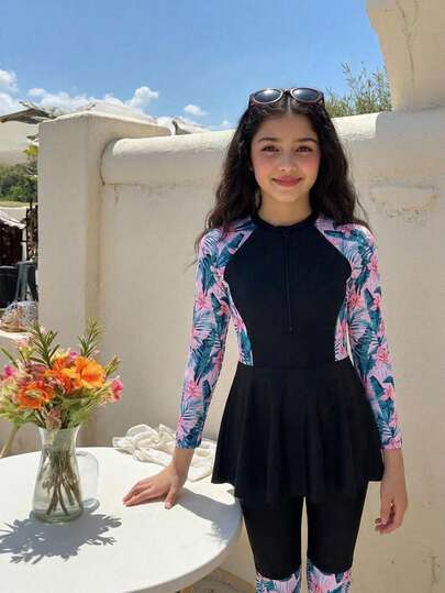 SHEIN Teen Girls Swimwear, 13-16 Years Old, Long Sleeve Tankini Set, Tropical Floral Print, Zipper Top, Fashionable Swimwear Suitable For Summer Vacation, Beach, Pool, Holiday Party