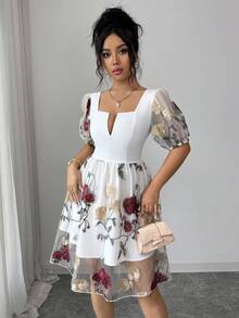 SHEIN Elenzya Đầm ngắn tay màu trắng phối lưới hoa hồng thanh lịch dành cho nữ, kiểu dáng thường ngày, thích hợp cho kỳ nghỉ, đi chơi, hẹn hò, dự tiệc, dã ngoại. - trắng - Xem 5