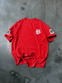 Manfinity EMRG Camiseta de manga corta de cuello redondo casual con estampado de letras para hombre, verano - Rojo - Ver 2