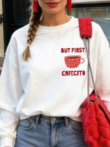 DrmWander Sudadera de mujer de cuello redondo con estampado de letras, casual y versátil, de manga larga, adecuada para el uso diario en otoño/invierno - Blanco - Ver 2