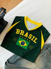 Comfortcana 女士夏季短袖V领撞色字母印花休闲露脐上衣，插肩袖针织衫，黄色英文印花，运动风 - 彩色 - 查看 3