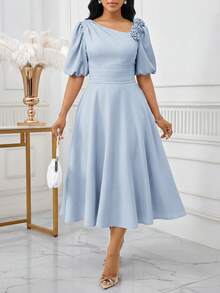 SHEIN Lady Damen Einfarbiges 3D Blumen Dekor Kleid mit kurzen Petal-Ärmeln, elegantes Midi-Kleid - Babyblau - Übersicht 6
