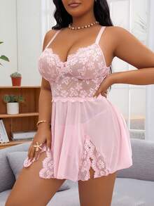 SHEIN Set de 2 piezas lencería talla grande - Camisón con abertura frontal de encaje y malla + tanga - Rosa - Ver 3