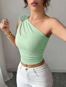 Selianne Women's Fitted Camisole With Hollow Shoulder Design & 3D Floral Decor - Green - View 3