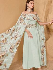Modelyn Elegant Floral Decor Women's Cinched Waist Flattering Midi Dress - Pastel Green - View 6