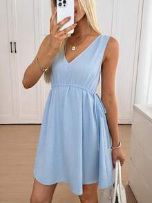 Easowa 浅蓝色V领无袖A字迷你连衣裙，适合简约通勤、浪漫约会、休闲度假穿着，春夏皆宜。 - 淺藍色 - 查看 5