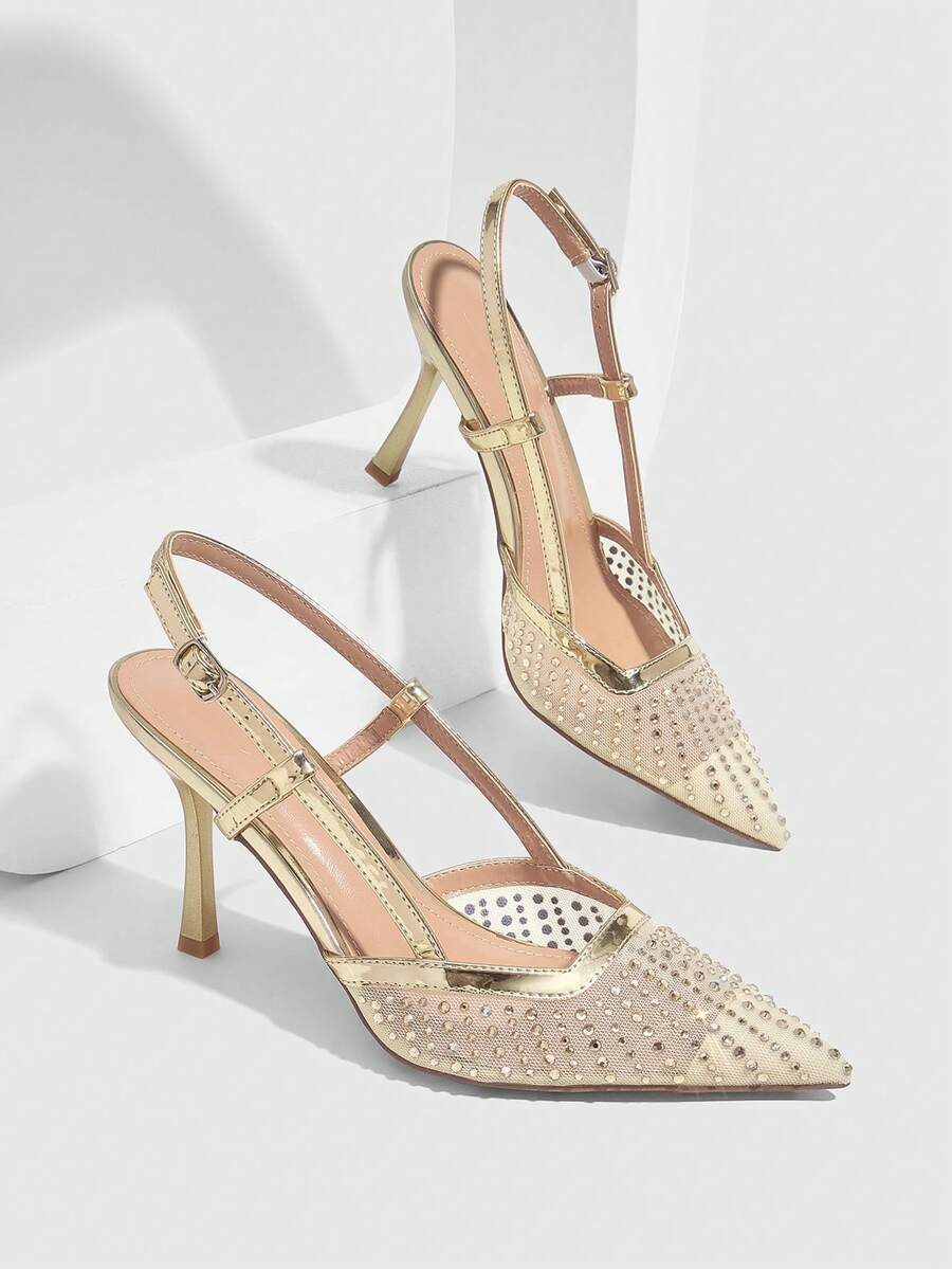 CUCCOO SZL Women's Pointed Toe High Heel Black Mesh Rhinestone Embellished Fashionable Sexy Glamorous Party Occasion Stilettos With Ankle Strap Spring Shoes - Golden iron plate - View 1