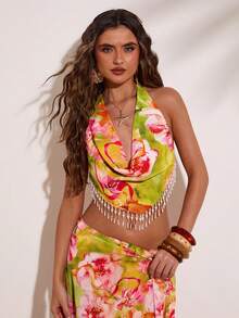SHEIN BAE Women's Summer Green And White Floral Boho Tropical Vest Top, Draped Neck Asymmetric Hem Tassel Decor Holiday Beach Vacation Music Festival Top - Green - View 1