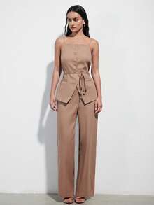 Aveloria Modichic Women's Suit Set,Khaki Summer Elegant Office Vintage Coin Beaded Belt Waist Cinching Linen-Like Fabric Vest Top & Straight Leg Suit Pants - Khaki - View 7