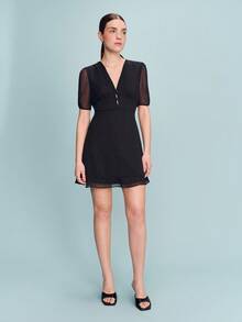 lacRébo Đầm sơ mi họa tiết chấm bi nhỏ, cổ chữ V sâu. - màu đen - Xem 3